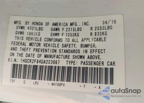 2016 Honda Accord Ex-L from USA, damaged, VIN 1HGCR2F84GA203667